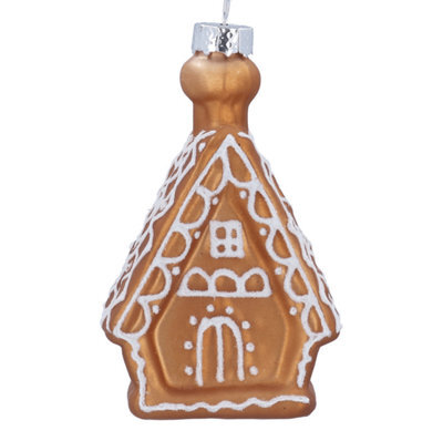 Gisela Graham Christmas Glass Gingerbread House Decoration With Glitter Tree, Small 9 X 5.5 Cm