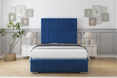 "Sloomy Langston Navy Plush Bed Frame With Mattress With 50"" Upholstered Headboard 2'6 Small Single" - image 1