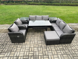 Fimous Outdoor Garden Patio Furniture Wicker Rattan Oblong Rectangular Dining Table And Lounge Sofa Set With 2 Side Table - thumbnail 2