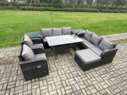 Fimous Outdoor Garden Patio Furniture Wicker Rattan Oblong Rectangular Dining Table And Lounge Sofa Set With 2 Side Table - thumbnail 1