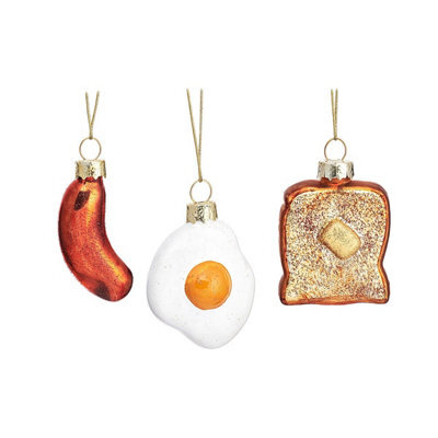 Sass & Belle Christmas Set Of 3 Breakfast-Themed Hanging Tree Decorations - Toast, Fried Egg, Sausage, Gold Twine Included
