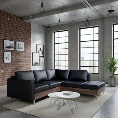 Orlando Wood Corner Sofa Hr Foam Polyurethane Wave Springs Metal Legs Wooden Frame 235X212X85Cm Black And Monastery Right - image 1