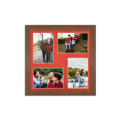 AK Frames 12X12 Walnut Modern Multi Photo Frame With Poppy Red Mount - Holds 4 Apertures (4X) 6X4 Photos - image 1