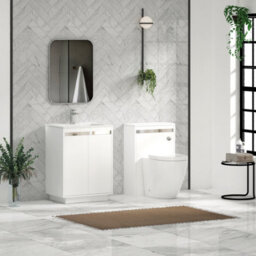 Royal Bathrooms Orion 600mm Matt White 2 Door Freestanding Vanity Unit With Stone Basin & Chrome Strip - thumbnail 2