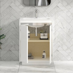 Royal Bathrooms Orion 600mm Matt White 2 Door Freestanding Vanity Unit With Stone Basin & Chrome Strip - thumbnail 3