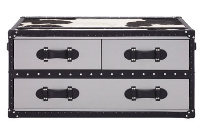 Orsina Black & White Genuine Cowhide Coffee Table,rectangular Table With Three Drawers,table With Leather Handles - image 1
