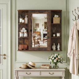 Gainoom Bathroom Wall Cabinet Brown With Mirror Modern Wall Mounted Medicine Cabinet W/3 Internal Shelves - thumbnail 5