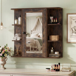 Gainoom Bathroom Wall Cabinet Brown With Mirror Modern Wall Mounted Medicine Cabinet W/3 Internal Shelves - thumbnail 6