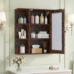 Gainoom Bathroom Wall Cabinet Brown With Mirror Modern Wall Mounted Medicine Cabinet W/3 Internal Shelves - thumbnail 4