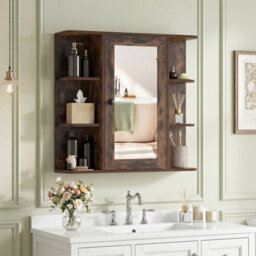 Gainoom Bathroom Wall Cabinet Brown With Mirror Modern Wall Mounted Medicine Cabinet W/3 Internal Shelves - thumbnail 3