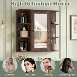 Gainoom Bathroom Wall Cabinet Brown With Mirror Modern Wall Mounted Medicine Cabinet W/3 Internal Shelves - thumbnail 9