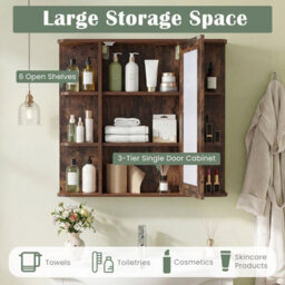 Gainoom Bathroom Wall Cabinet Brown With Mirror Modern Wall Mounted Medicine Cabinet W/3 Internal Shelves - thumbnail 8