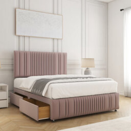 Bsspoke Rosie Divan Bed Set Pink Plush Velvet 24Inch Headboard & Footboard & 2 Drawers Same Side & Mattress In All Sizes - thumbnail 1