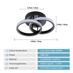 Pheashine Black Crossed Dual Ring Aluminium Led Flush Mount Ceiling Light 22W 6500K Cool White For Living Room, Bedroom, Kitchen - thumbnail 3