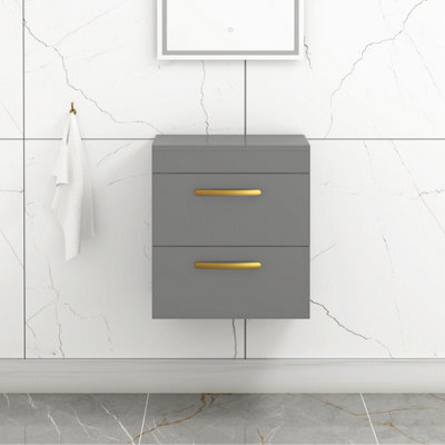 Royal Bathrooms 500mm Wall Hung Vanity Unit 2 Drawer Indigo Grey Gloss - Storage Cabinetwith Brushed Brass Handle - image 1