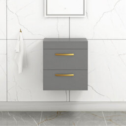 Royal Bathrooms 500mm Wall Hung Vanity Unit 2 Drawer Indigo Grey Gloss - Storage Cabinetwith Brushed Brass Handle - thumbnail 1