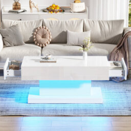 Abrihome High-Gloss Coffee Table With 2 Drawers, Led Lights, Modern Centre Table, Tea Table For Living Room, Office, 100X50X45Cm, White - thumbnail 2