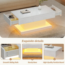 Abrihome High-Gloss Coffee Table With 2 Drawers, Led Lights, Modern Centre Table, Tea Table For Living Room, Office, 100X50X45Cm, White - thumbnail 5