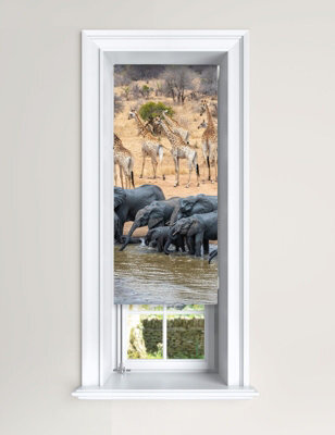 Lister Cartwright Blackout Roller Blind Elephant & Giraffe Water Hole Blind ( 60 Cm Width X 140 Cm Drop) - image 1