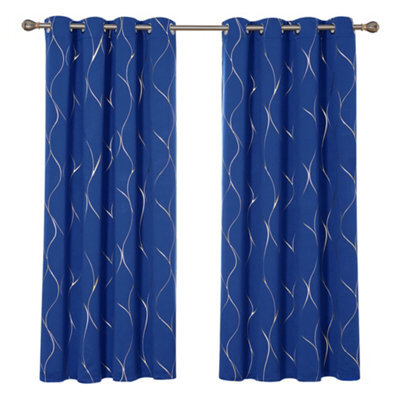 Deconovo Eyelet Blackout Curtains, Gold Wave Foil Printed Thermal Insulated Curtains, W52 X L72 Inch, Royal Blue, 1 Pair - image 1
