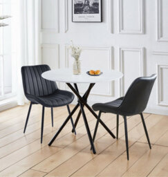 Hallowood Furniture Cullompton Small Round Marble Effect Dining Table 90Cm With 2 Black Bonded Leather Chairs - thumbnail 1