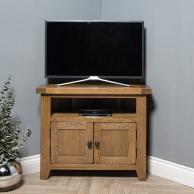 Elm Home And Garden Rustic Oak Wooden Corner Tv Media Video Unit Stand 65Cm High X 80Cm Wide X 40Cm Deep Fully Assembled - image 1