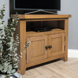 Elm Home And Garden Rustic Oak Wooden Corner Tv Media Video Unit Stand 65Cm High X 80Cm Wide X 40Cm Deep Fully Assembled - thumbnail 2