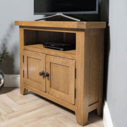 Elm Home And Garden Rustic Oak Wooden Corner Tv Media Video Unit Stand 65Cm High X 80Cm Wide X 40Cm Deep Fully Assembled - thumbnail 3