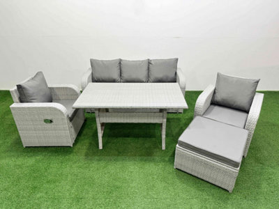 Fimous Pe Rattan Garden Furniture Set Reclining Chair Sofa Lounge Sofa Set Rectangular Dining Table Big Footstool Light Grey - image 1