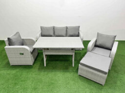 Fimous Pe Rattan Garden Furniture Set Reclining Chair Sofa Lounge Sofa Set Rectangular Dining Table Big Footstool Light Grey - thumbnail 1
