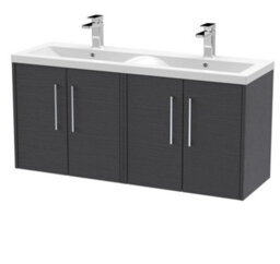 Hudson Reed Juno Wall Hung 4 Soft Close Door Vanity Unit With Double Basin In Graphite Grey Woodgrain Finish, 1205mm - thumbnail 5