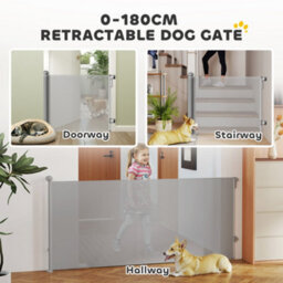 Pawhut Retractable Stair Gate, Dog Gate Extends Up To 180 Cm Wide, Grey - thumbnail 4