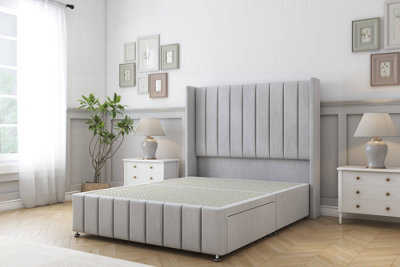 "Sloomy Melbourne Silver Naples Divan Bed Base 2 Drawers Foot-End - 54"" Wingback Headboard & 12"" Footboard 4' Small Double" - image 1
