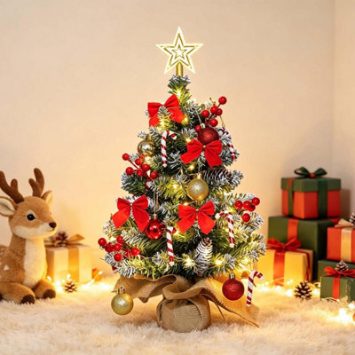 CLEFFNS Tabletop Artificial Christmas Tree, Pre Decorated Desktop Xmas Tree With Led Lights, Star Tree Topper, Bauble Ornaments Base Wrap - image 1