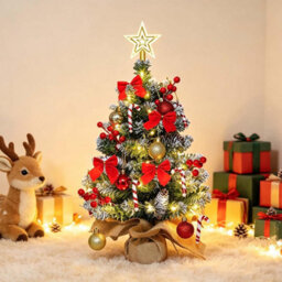 CLEFFNS Tabletop Artificial Christmas Tree, Pre Decorated Desktop Xmas Tree With Led Lights, Star Tree Topper, Bauble Ornaments Base Wrap - thumbnail 1