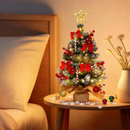 CLEFFNS Tabletop Artificial Christmas Tree, Pre Decorated Desktop Xmas Tree With Led Lights, Star Tree Topper, Bauble Ornaments Base Wrap - thumbnail 8