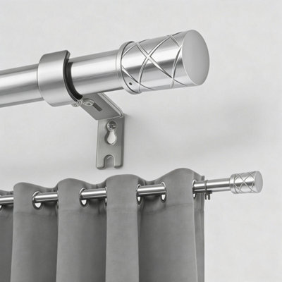 Oxford Homeware Satin Chrome Effect Extendable Curtain Pole With Metal Cylinder Finials, (L)1200mm-2100mm (Dia)28mm - image 1