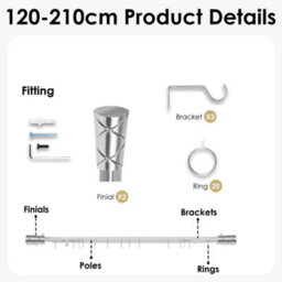 Oxford Homeware Satin Chrome Effect Extendable Curtain Pole With Metal Cylinder Finials, (L)1200mm-2100mm (Dia)28mm - thumbnail 4