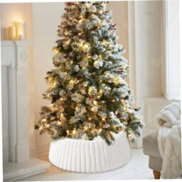Amorly 28Inch White Striped Plush Faux Fur Christmas Tree Collar, Soft Boho Tree Ring Base Cover For Festive Christmas Tree Home Decor - thumbnail 8
