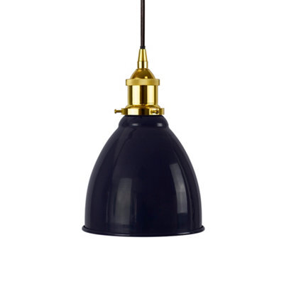 Navy Blue Classic Small Pantry Metal Painted Dome Pendant Light With Gold Lamp Holder And Black Round Cable - Se Home