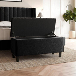 120Cm Lined Upholstered Ottoman Storage Box - Black Plush Velvet Blanket Storage Box With Wooden Legs - thumbnail 2