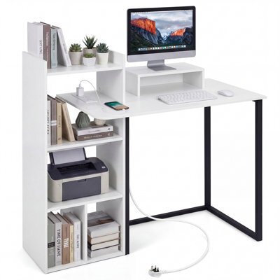 Costway Computer Desk With Charging Station 110Cm Home Office Writing Desk With Monitor Stand-White - image 1