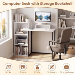 Costway Computer Desk With Charging Station 110Cm Home Office Writing Desk With Monitor Stand-White - thumbnail 3