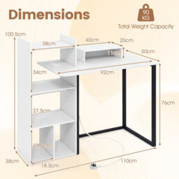 Costway Computer Desk With Charging Station 110Cm Home Office Writing Desk With Monitor Stand-White - thumbnail 2