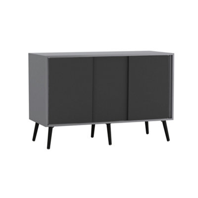 Urbn-Living Urbnliving 3-Door Sliding Cabinet Sideboard Grey Carcass With Black Doors Storage Organiser Home Cupboard Black Wooden Legs - image 1