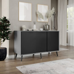 Urbn-Living Urbnliving 3-Door Sliding Cabinet Sideboard Grey Carcass With Black Doors Storage Organiser Home Cupboard Black Wooden Legs - thumbnail 3