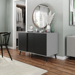 Urbn-Living Urbnliving 3-Door Sliding Cabinet Sideboard Grey Carcass With Black Doors Storage Organiser Home Cupboard Black Wooden Legs - thumbnail 2