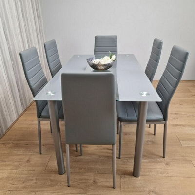 Kosy Koala Grey Glass Dining Table Set With 6 Grey Faux Leather Chairs Modern Dining Furniture - image 1