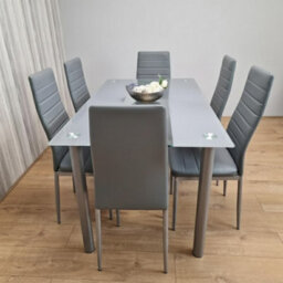 Kosy Koala Grey Glass Dining Table Set With 6 Grey Faux Leather Chairs Modern Dining Furniture