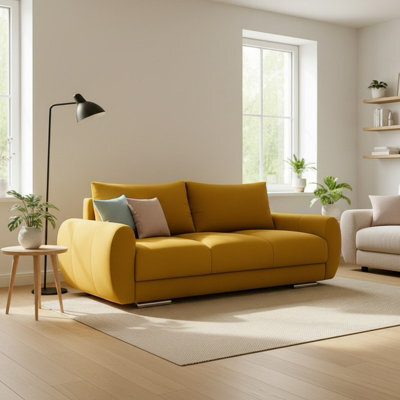 Logo 2 Modern Velour Fabric Sofa With Springs Easy Clean Upholstery Mustard - image 1